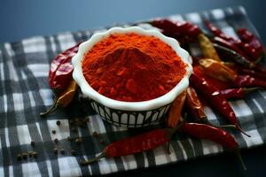 ai gerado especiaria preenchidas cena, Pimenta pó e vermelho pimentas em de mesa pano de fundo foto