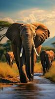 ai gerado africano animais selvagens elefantes cruzando olifante rio dentro amboseli nacional parque vertical Móvel papel de parede foto