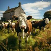 ai gerado casa de fazenda pano de fundo rebanho do vacas dentro a irlandês campo retrato para social meios de comunicação postar Tamanho foto