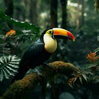 ai gerado toco tucano sentado em uma selva filial, vibrante e exótico para social meios de comunicação postar Tamanho foto