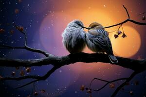 ai gerado lunar abraço amoroso pássaros poleiro debaixo a encantador cheio lua foto