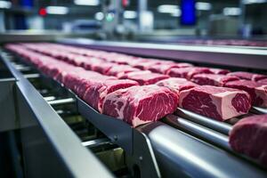 ai gerado fábrica eficiência industrial máquina processos cru carne para bife Produção foto
