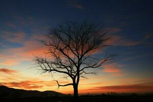 ai gerado naturezas despedida silhueta do uma sem folhas árvore às encantador pôr do sol foto