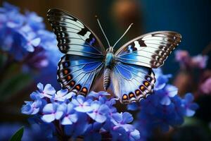ai gerado Visão fechar acima uma borboleta delicadamente empoleirado em azul flores dentro a jardim foto