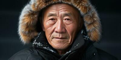 ai gerado ásia Senior homem dentro inverno traje, com gorro e jaqueta. ai generativo. foto