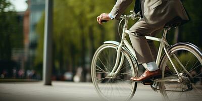 ai gerado homem em bicicleta dentro cidade, casual traje, movimentado urbano cena. ai generativo. foto