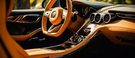 ai gerado luxo carro interior com bronzeado couro assentos, clássico elegância. ai generativo. foto