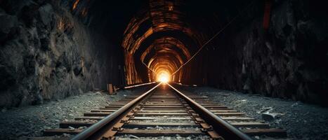 ai gerado pôr do sol iluminador uma Ferrovia túnel. ai generativo. foto