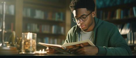 ai gerado tranquilo biblioteca atmosfera, jovem leitores absorvido dentro livros. ai generativo. foto