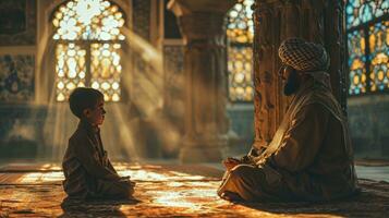 ai gerado muçulmano pai Ensinar filho dentro a mesquita foto