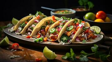 ai gerado delicioso peixe tacos com fresco coentro e Lima em toalha de mesa, ângulo médio tiro foto