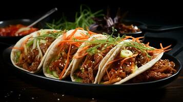 ai gerado coreano churrasco tacos com Kimchi slaw em a de madeira placa, fechar-se tiro foto