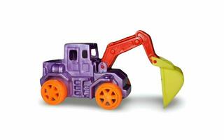 uma brinquedo construção veículo com uma amarelo e roxa cor foto