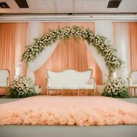 ai gerado uma Casamento etapa com uma floral arco e branco cadeiras foto