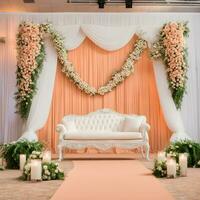 ai gerado a elegante Casamento etapa com branco sofás e flores foto