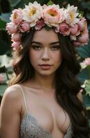 ai gerado lindo jovem mulher com flores dentro cabelo olhando às Câmera isolado em cinza. ai generativo foto