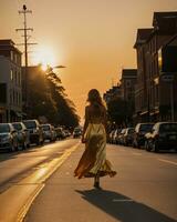 ai gerado lindo jovem mulher dentro uma grandes amarelo vestir caminhando em a rua às pôr do sol. ai generativo foto