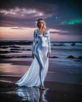 ai gerado lindo Loiras mulher dentro branco vestir em a de praia às noite. ai generativo foto