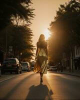 ai gerado lindo jovem mulher dentro uma grandes amarelo vestir caminhando em a rua às pôr do sol. ai generativo foto