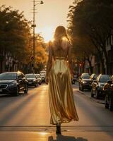 ai gerado lindo jovem mulher dentro uma grandes amarelo vestir caminhando em a rua às pôr do sol. ai generativo foto