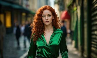 ai gerado lindo jovem mulher com vermelho encaracolado cabelo dentro uma verde vestir dentro a cidade às noite. ai generativo foto