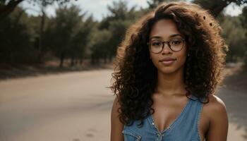 ai gerado retrato do uma lindo jovem africano americano mulher dentro Óculos ao ar livre. ai generativo foto