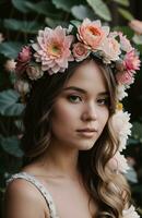ai gerado lindo jovem mulher com flores dentro cabelo olhando às Câmera isolado em cinza. ai generativo foto