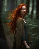 ai gerado lindo ruiva menina com grandes encaracolado cabelo dentro uma Sombrio floresta. ai generativo foto