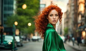 ai gerado lindo jovem mulher com vermelho encaracolado cabelo dentro uma verde vestir dentro a cidade às noite. ai generativo foto