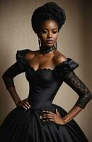 ai gerado lindo africano americano mulher vestindo Preto vestir e jóias. ai generativo. ai generativo foto