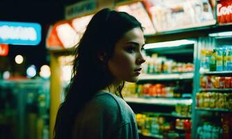 ai gerado lindo jovem mulher compras dentro uma mercearia loja, olhando para Comida. ai generativo foto