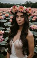 ai gerado lindo jovem mulher com flores dentro cabelo olhando às Câmera isolado em cinza. ai generativo foto