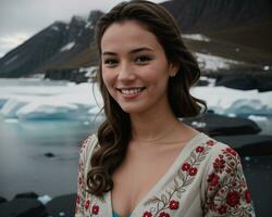 ai gerado retrato do uma jovem mulher sorridente às Câmera dentro frente do icebergs. ai generativo foto