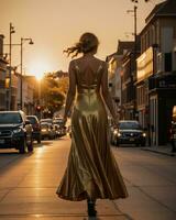 ai gerado lindo jovem mulher dentro uma grandes amarelo vestir caminhando em a rua às pôr do sol. ai generativo foto