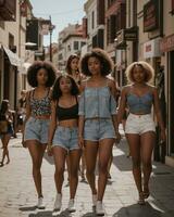 ai gerado grupo do jovem lindo africano americano mulheres dentro jeans calção caminhando dentro a cidade. ai generativo foto