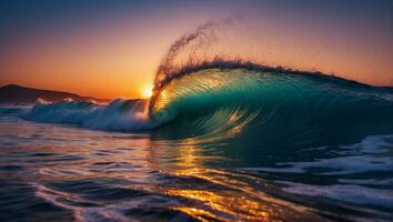 uma onda quebra em a de praia às pôr do sol ai gerar foto