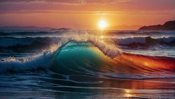 uma onda quebra em a de praia às pôr do sol ai gerar foto