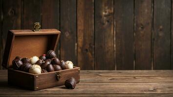 caixa do sortido chocolates em de madeira mesa ai generativo foto