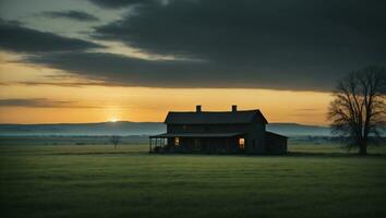 ai gerado uma casa de fazenda dentro a meio do uma campo às pôr do sol foto