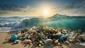 ai gerado plástico bolsas e de outros Lixo em a de praia foto