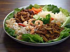 ai gerado miang tailandês Comida estilo uma prato com camarão, legumes e vidro macarrão foto
