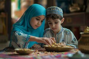 ai gerado uma jovem Garoto e uma jovem mulher comendo iftar dentro árabe roupas durante Ramadã ai generativo foto
