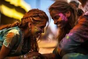 ai gerado dois jovem lindo mulheres estão desfrutando holi festival junto, com pintura em seus rostos, pintura em a chão, generativo ai foto