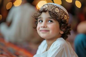 ai gerado uma lindo pequeno Garoto vestindo tradicional árabe pano ai generativo foto