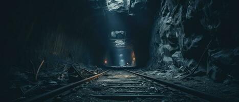 ai gerado estranho subterrâneo túnel com abandonado trem acompanhar. ai generativo. foto