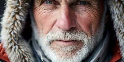 ai gerado Senior homem com branco barba dentro pele casaco. ai generativo. foto