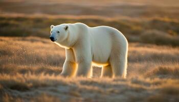 ai gerado uma polar Urso é caminhando dentro a Relva foto