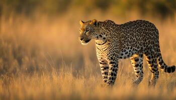 ai gerado uma leopardo caminhando através alta Relva dentro a Sol foto