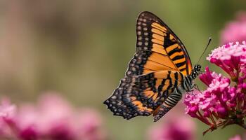 ai gerado uma borboleta é sentado em alguns Rosa flores foto