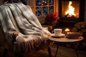ai gerado quente chá e uma de lã cobertor em uma cadeira. foto